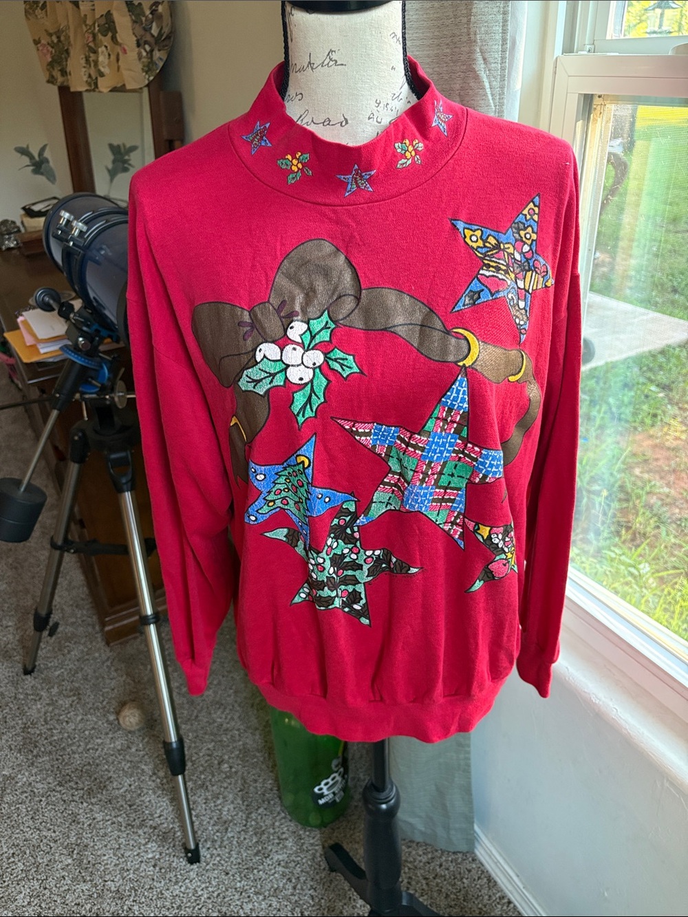 Vintage Cabin Creek Red Holiday Star & Bow Cowlneck Sweater